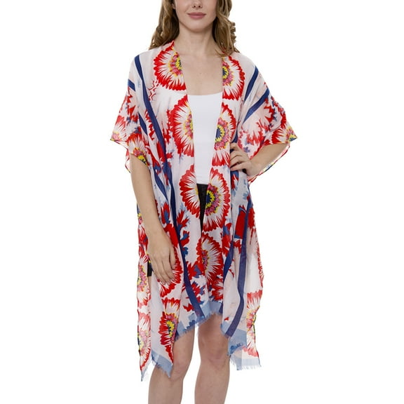 Women's Kimono Summer Floral Print Super Light Long Top Cover Beachwear Dress, Red, One Size