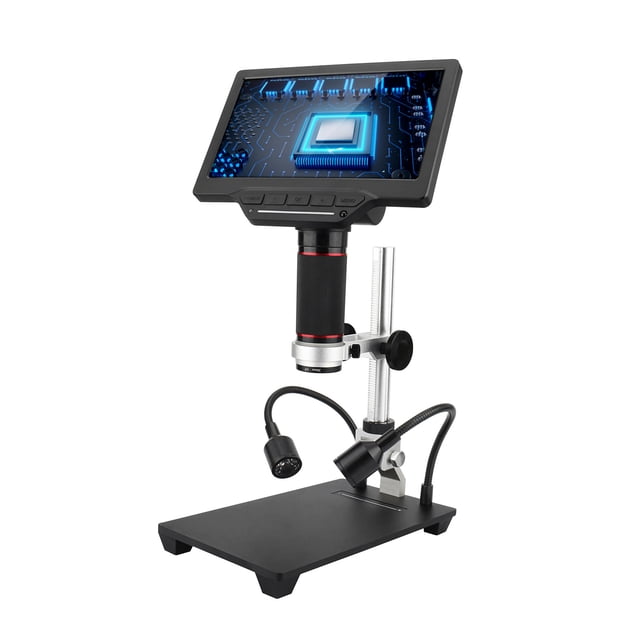 Microscope Vidéo HD 7 Pouces avec Support Réglable, Zoom 1200X, Batterie Intégrée, Télécommande IR, Carte TF 32 Go, Noir (Configuration Moyenne)