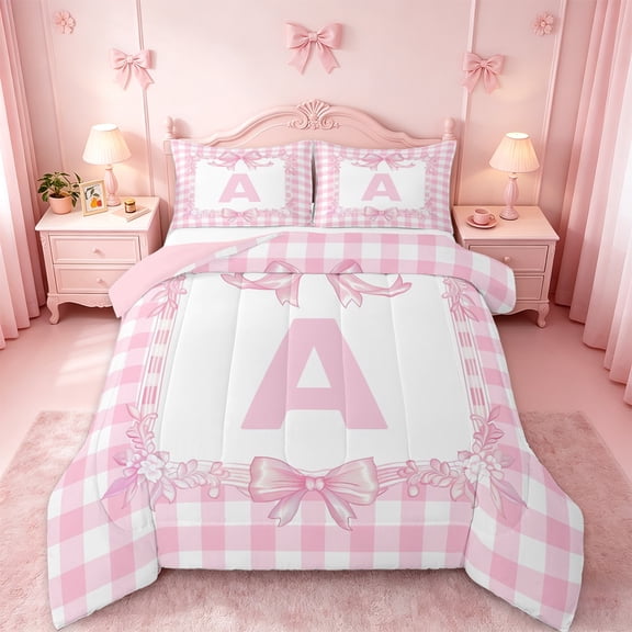 jejeloiu Pink Bowknot Twin Comforter Sets,Letter A Monogrammed Bedding Set For Girls Kids Reversible 2 Pieces