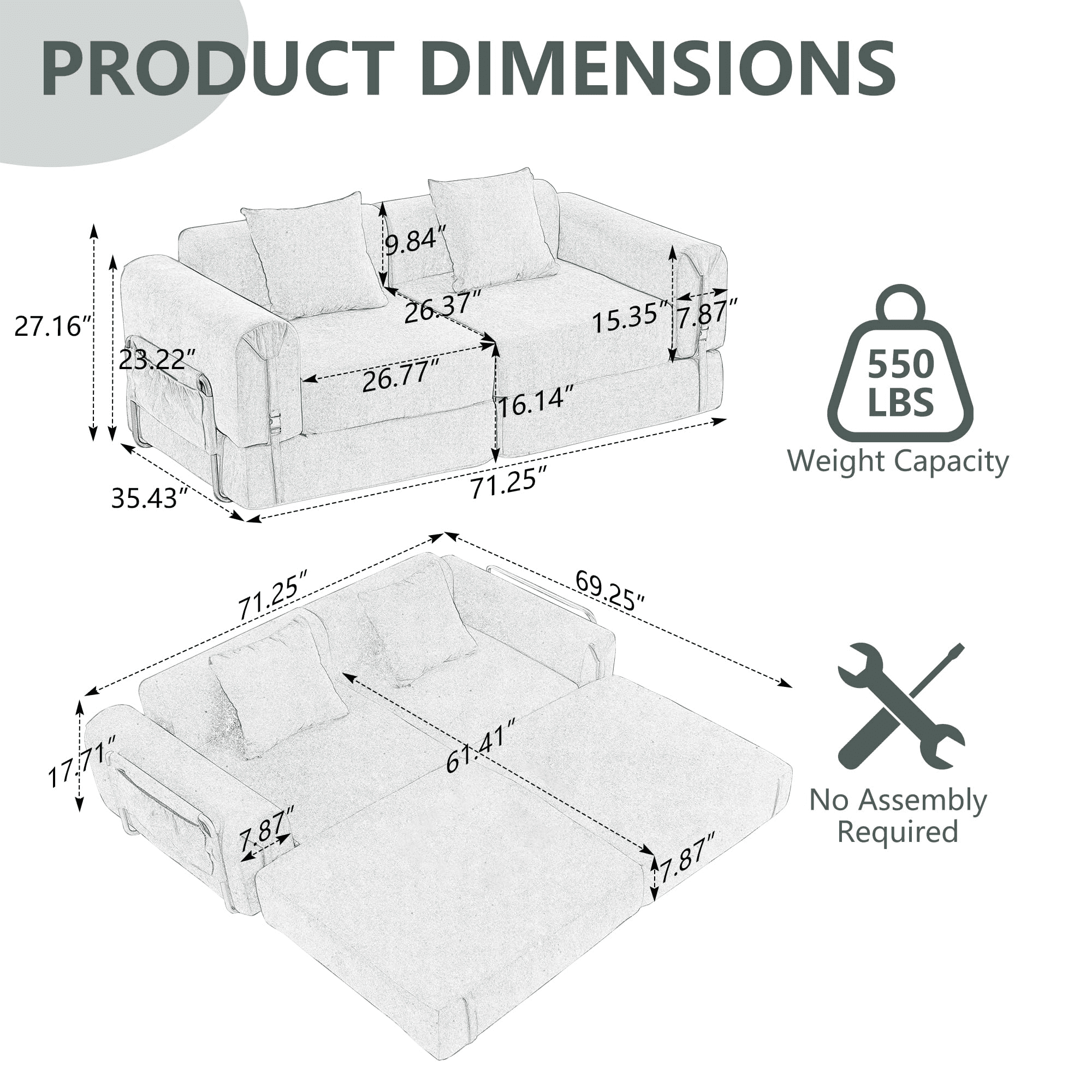 GNIXUU 71.25" Modern Modular Recliner Sofa, Convertible Sleeper Bed,Folding Mattress Loveseat Couch with Fixed-Shape Frame ,Comfy Lazy Boneless Couches for Living Room Bedroom Lounge,Gray