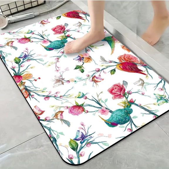 1pc Colorful Birds and Blossom Bathroom Rug Bathroom Decor and Accessories- Durable,Anti Slip,And Quick Drying,Suitable For Indoor/outdoor Use - Perfect For Bathrooms,Bedrooms,Kitchens,Terraces
