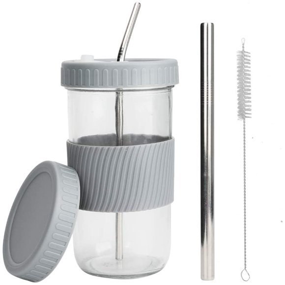 Reusable Boba Cup Mason Jar Cups with Lids and Straws Smoothie Cup Wide Mouth Bubble Tea Cup Travel Mug Glass Tumbler Mason Jar Sippy Cup for Boba Tea Smoothie Juices Jam, 22oz(Gray)