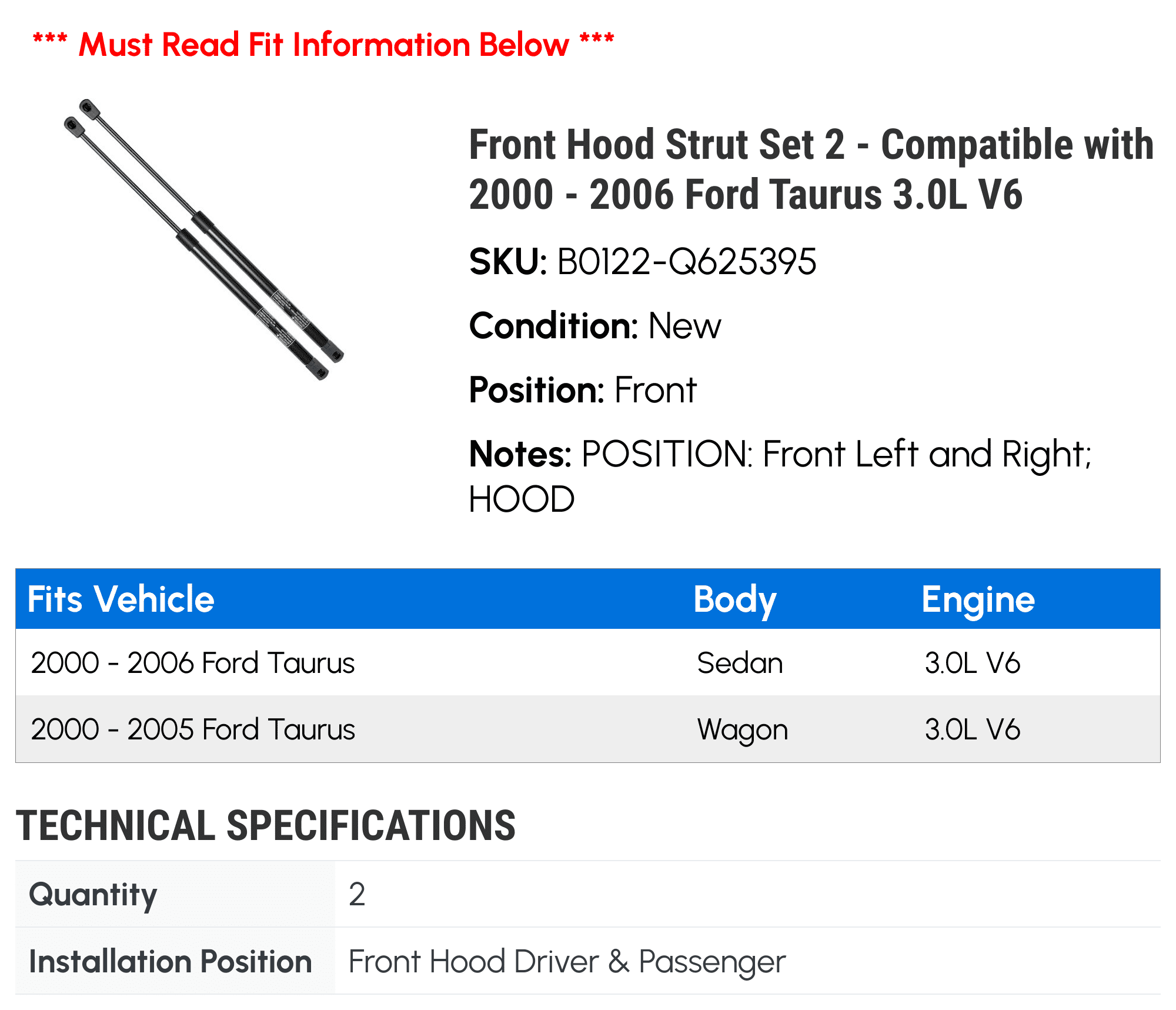Front Hood Strut Set 2 - Compatible with 2000 - 2006 Ford Taurus 3.0L V6 - Autopart Premium