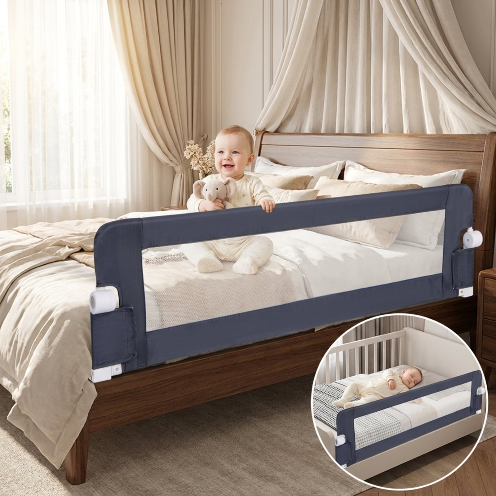 SUGIFT 60 Inch Foldable Bed Side Rails Swing Down Guard with Waterproof Oxford Cloth PP Cotton Padding Breathable Mesh T Shaped Legs and Adjustable Safety Strap, Grey