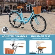 Lilypelle 24/26inch Beach Cruiser Bicycle for Women, 7 Speed Step Through Adult Commute Bike with Basket & Rack,Blue