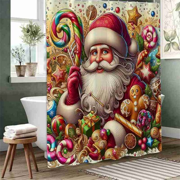70x70 inch Santa Claus with Sweet Treats Shower Curtain, Waterproof Polyester Fabric with Hooks for Bathroom Decor