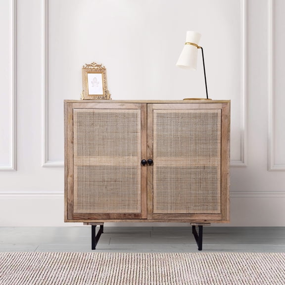Benjara 35" Handcrafted Accent Cabinet w/ 2 Mesh Rattan Doors- Black/Brown