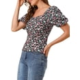 thumbnail image 4 of INSPIRE CHIC Women's Puff Sleeve Tops Sweetheart Neck Smocked Floral Blouses L Black, 4 of 7