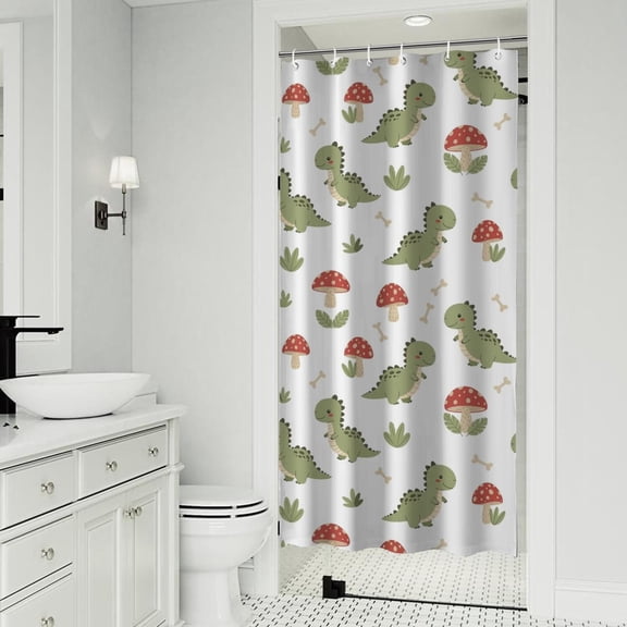 White Cartoon Dinosaurs Mushrooms Pattern Shower Curtain 36"x72" ,Bathroom Decorative Shower Curtains Set with 12 Hooks,Modern Waterproof Washable Shower Curtain