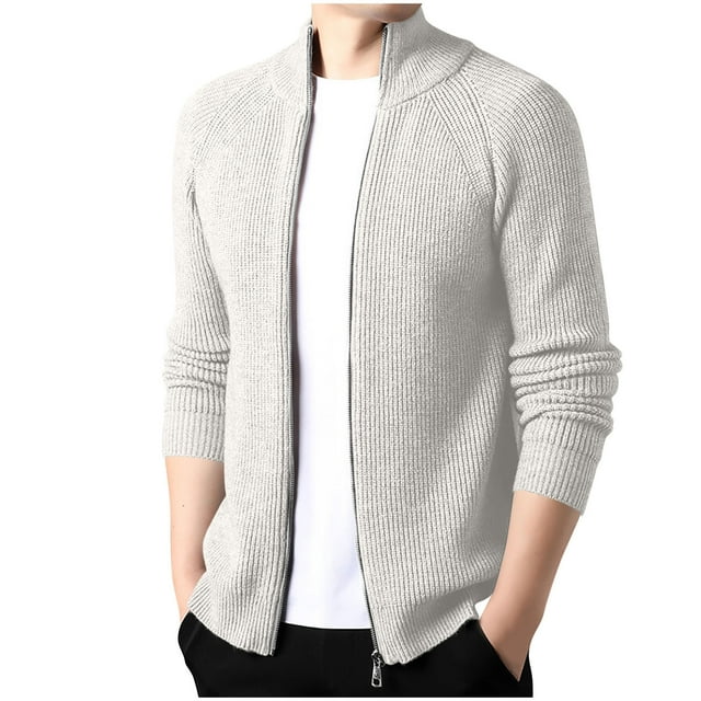 LOVZFMLL Men's Sweaters, Solid Color V-Neck Ribbed Cardigan, Casual Mandarin Collar Zipper Outerwear Jacket, Warm Winter Tops, Fall Clothes
