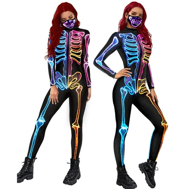 Aofa Womens 3D Skeleton Halloween Costumes Cosplay Jumpsuit Bodysuit Women  Halloween Cosplay Costume Funny Skeleton Bodysuit Long Sleeve Skinny Catsuit  Jumpsuit 