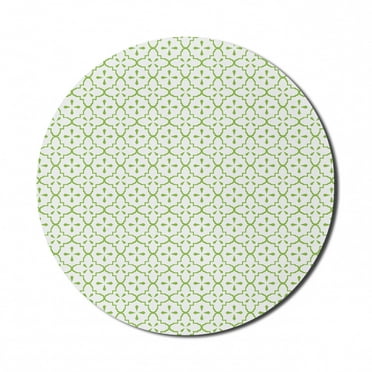 Vintage Mouse Pad for Computers, Abstract Flowers Motifs with Geometric Shapes Monochrome Illustration, Round Non-Slip Thick Rubber Modern Mousepad, 8" Round, Lime Green and White, by Ambesonne
