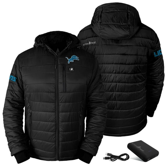 Men's ActionHeat Black Detroit Lions 5V Battery Heated Insulated Puffer Full-Zip Hoodie Jacket