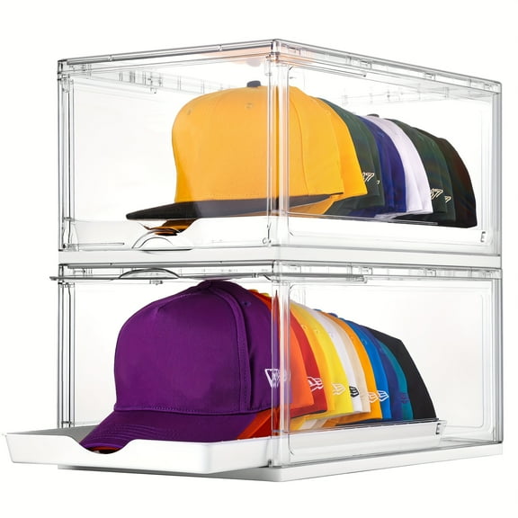 12-Cap Baseball Hat Organizer - Clear Stackable Display Case | Magnetic Door & Vertical Storage | Heavy-Duty Plastic for Home/Retail