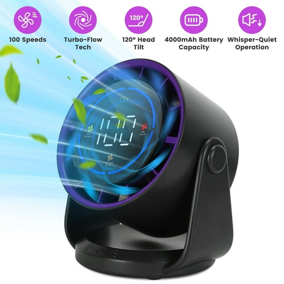 TeqHome 100 Speeds Desk Fan Quiet Wall-Mounted Table Fan with 120° Tilting Angle Rechargeable Battery for Home Office Travel Camping Dark Grey