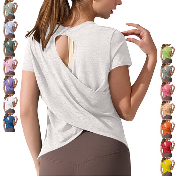 TGSLY Open Back Workout Tops for Women Lightweight Crisscross Back Keyhole Cutout Short Sleeve Blouses Relaxed Fit Casual Crew Neck Solid Color T-Shirts L
