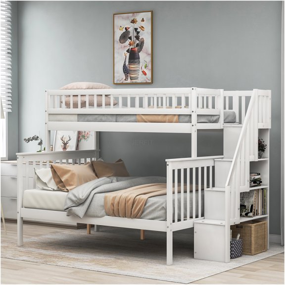 JERFIT Twin over Full Bunk Bed with Stairs and Storage Drawers, Solid Pine Wood, White Finish