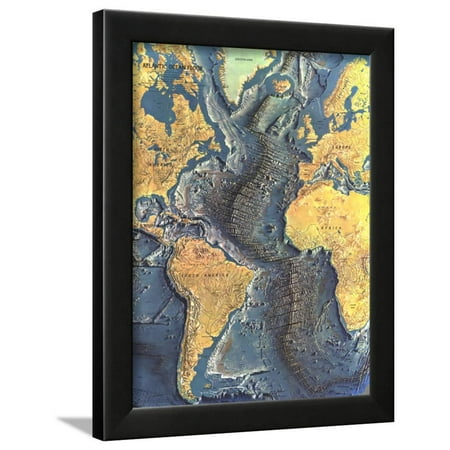 1968 Atlantic Ocean Floor Map Framed Print Wall Art By