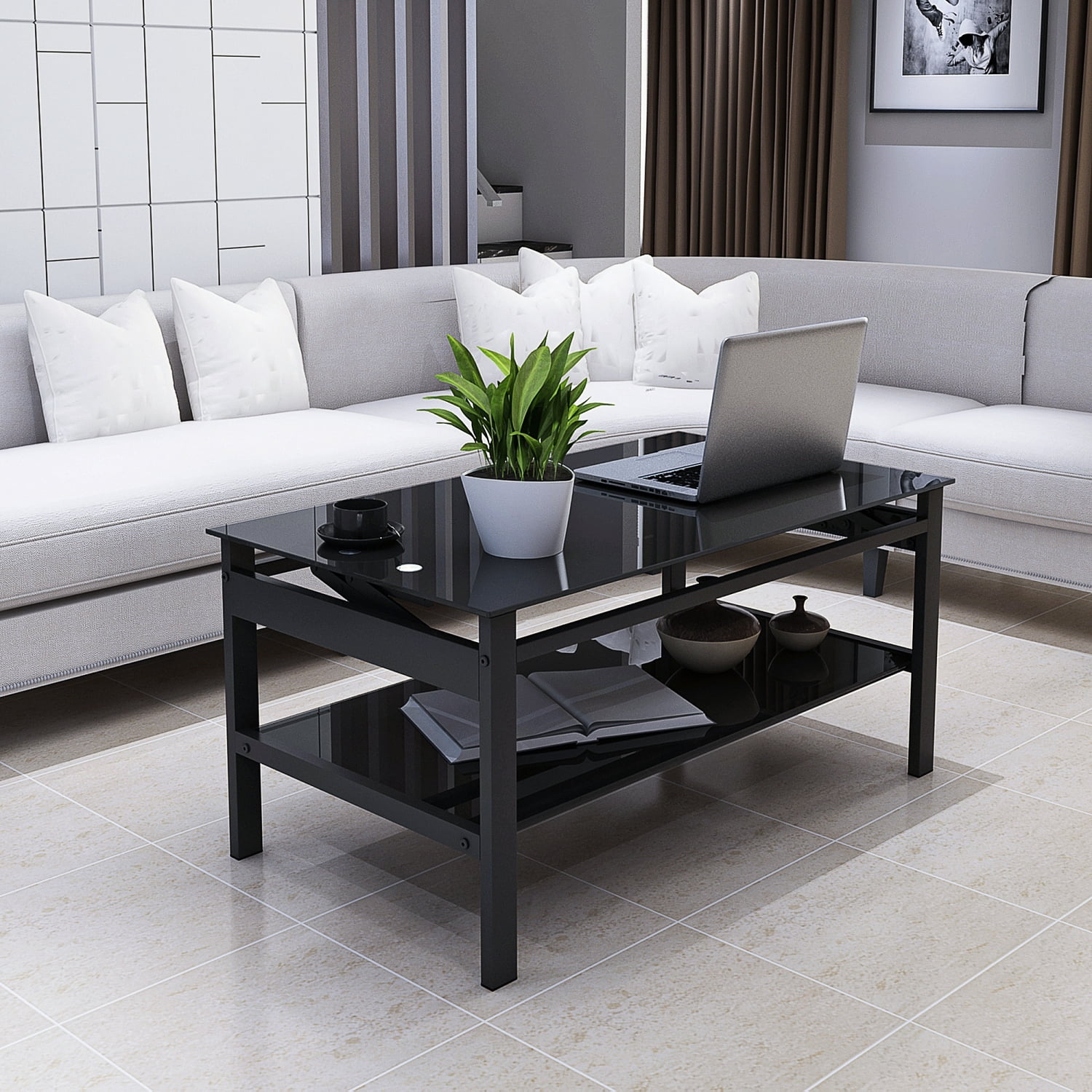 Glass Lift Top Coffee Table, Modern Simple 2-Layer Tempered Glass
