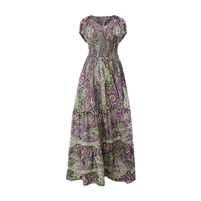 Gibobby Vestidos Casuales para Mujer Vestido largo de verano para mujer, manga corta, holgado, informal, con cuello en V, elástico, cintura alta, con es(Morado,CH)
