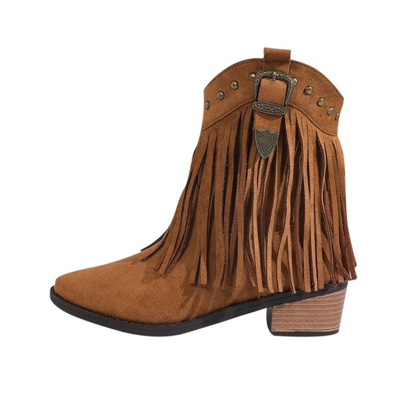 Wensltd Women's Fringe Ankle Boots Mid Heel Casual Round Toe Warm Fashion Outdoor Winter Short Boots
