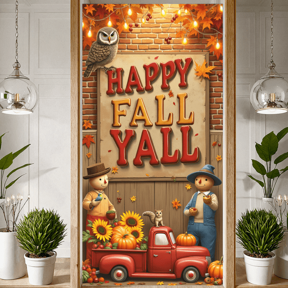 Vintage Red Truck Happy Fall Banner Autumn Leaves Owl Pumpkins for Thanksgiving Decor Farmhouse Decoration Seasonal Party