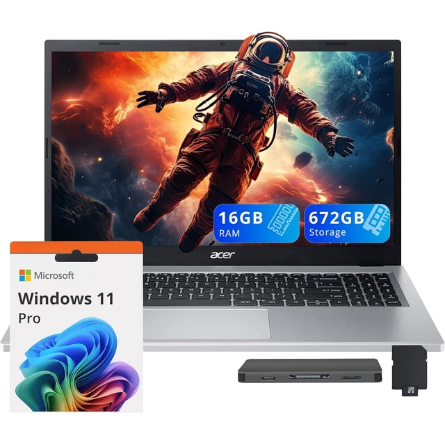 acer Aspire 3 Portable 15,6 Po FHD, AMD Ryzen 5 7430U, 16 Go de RAM, Stockage 672 Go (SSD 512 Go + Ensemble Station d'Accueil 160 Go), Graphiques AMD Radeon, Clavier Rétroéclairé, Caméra Web HD, Wi‐Fi 6, Windows 11 Pro, Argent