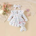 thumbnail image 3 of Bellafa Newborn Baby Girl Clothes Ruffle Floral Long Sleeve Romper Dress+Hairband+Socks 3Pcs Fall Winter Spring Outfits, 3 of 11