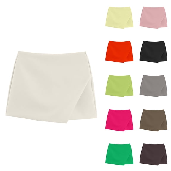 Women's Solid Color Zipper Skort Asymmetric Design Summer Casual Skort with Side Pockets by Yigetop Beige L