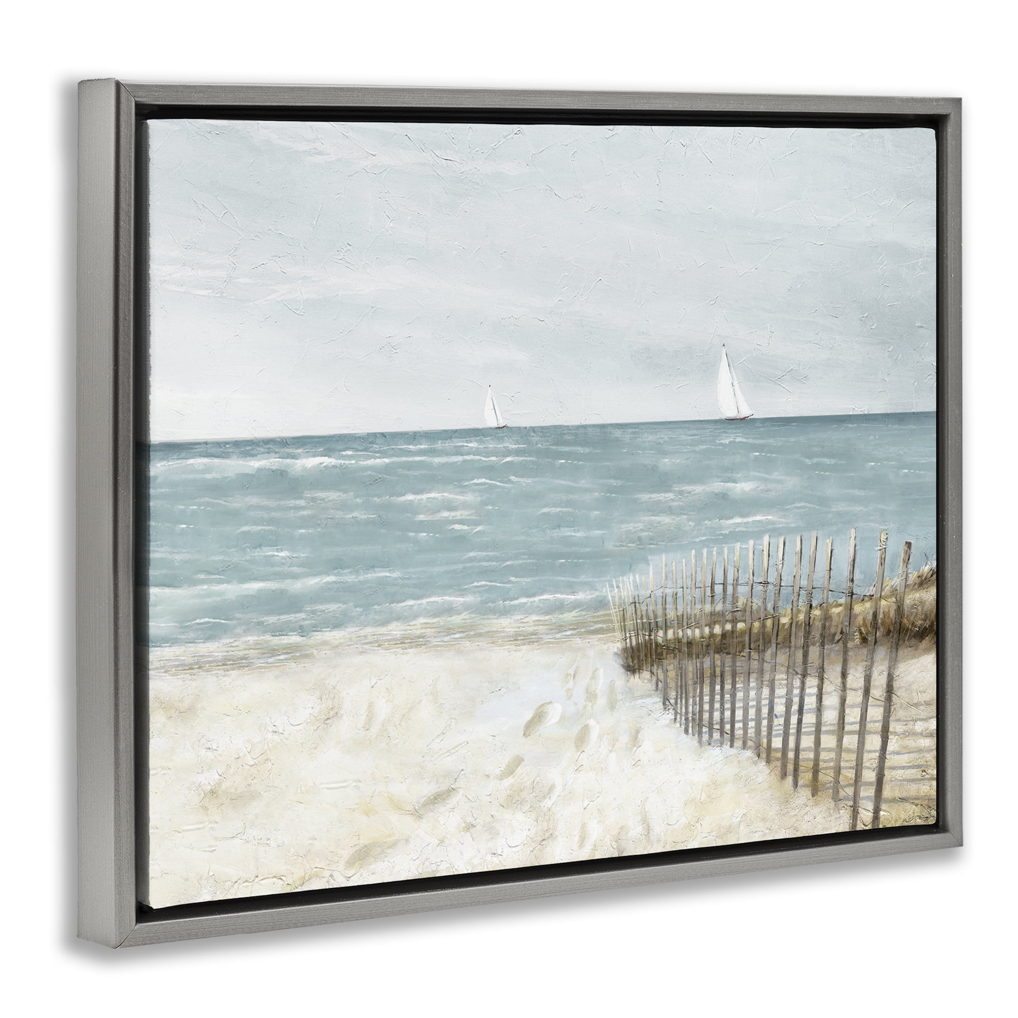 Stupell Industries Beach Footprints & Fence Nautical & Beach Painting Gray Floater Framed Canvas Art Print Wall Art, 31 x 25