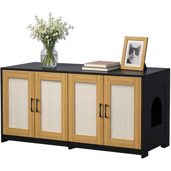 Double Room Litter Box Enclosure, 47 Inch 2 Cats Hidden Litter Box Furniture with Sisal Doors and Sliding Bottom Drawers, Wood Indoor Cat Cabinet TV Stand Black