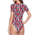thumbnail image 4 of The Xecao Palm Tree Pattern on Red Women's Crew Neck Body Suit, a short-sleeved bodysuit and basic swimsuit, both comfort and style for dating and daily life, 4 of 9
