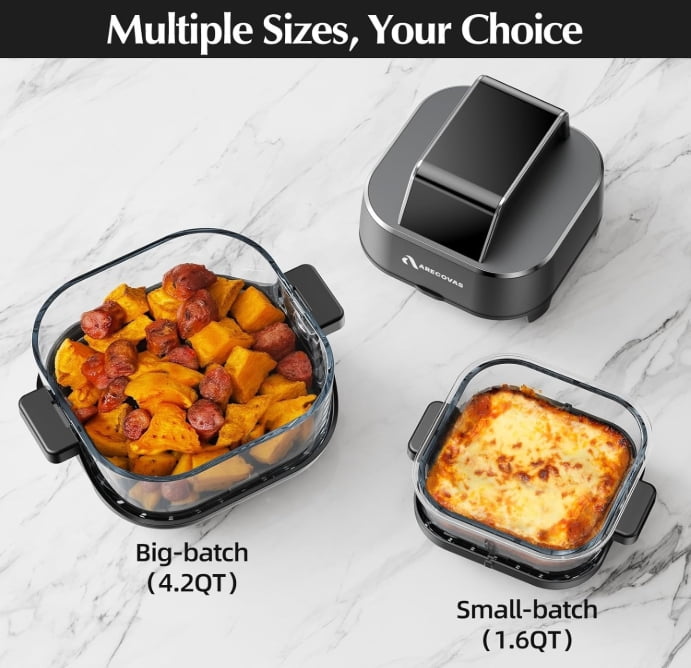 Arecovas 4-in-1 Portable Glass Air Fryer, 140–400°F Precise Heat, Max Crisp Technology, 4.2QT & 1.6QT Dual Capacity, Freezer & Dishwasher Safe, Bake, Recrisp, Air Fry