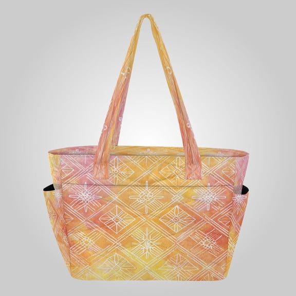 Quilted Tote Bag Large Capacity Multi-Compartment Handbag Lightweight Structured Shoulder Bag Versatile Casual Bag Orange Watercolor Batik Print