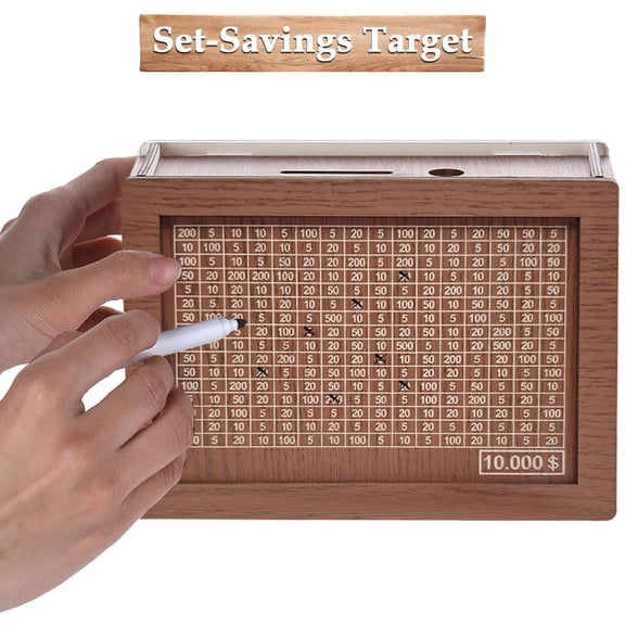 KSPEED Wooden Money Saving Box, Piggy Bank for Kids & Adults - Reusable $10,000 Savings Challenge Box with Progress Tracker & Cash Vault, Educational Savings Gift for Birthday