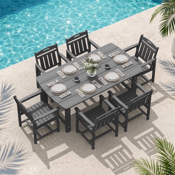 MUCHENGHY 7PC HDPE Outdoor Dining Set w/ 6 Chairs, All-Weather, Large Family Patio Furniture, Gray