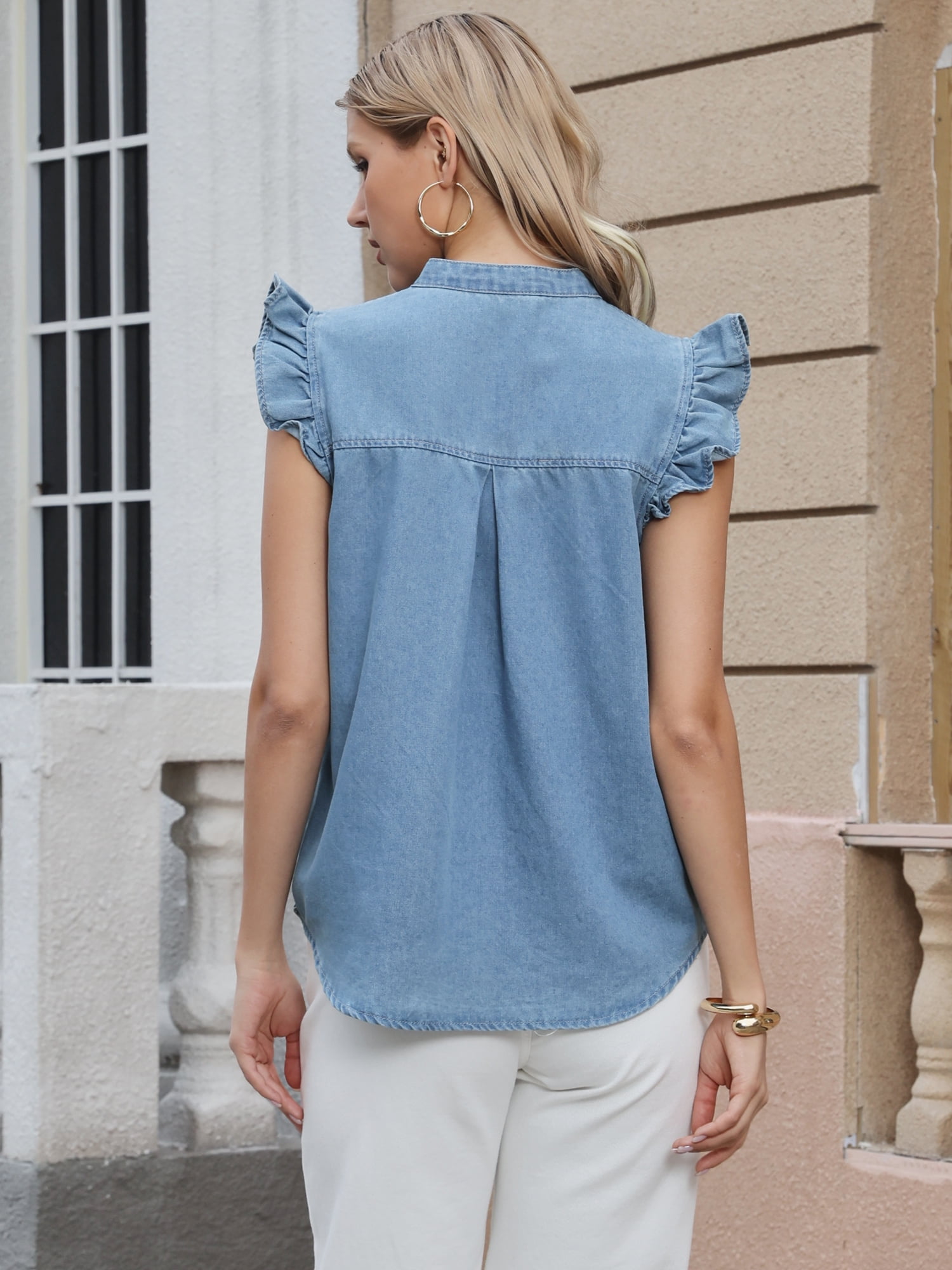 DARING DIVA Women's Denim V Neck Ruffled Cap Sleeve Jean Casual Blouse S Light Blue