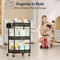 thumbnail image 7 of 3 Tier Rolling Cart – Metal Utility Storage Cart with Wheels, Hanging Cups, Hooks, Mesh Basket for Bedside Kitchen Office Art, Black, 7 of 7
