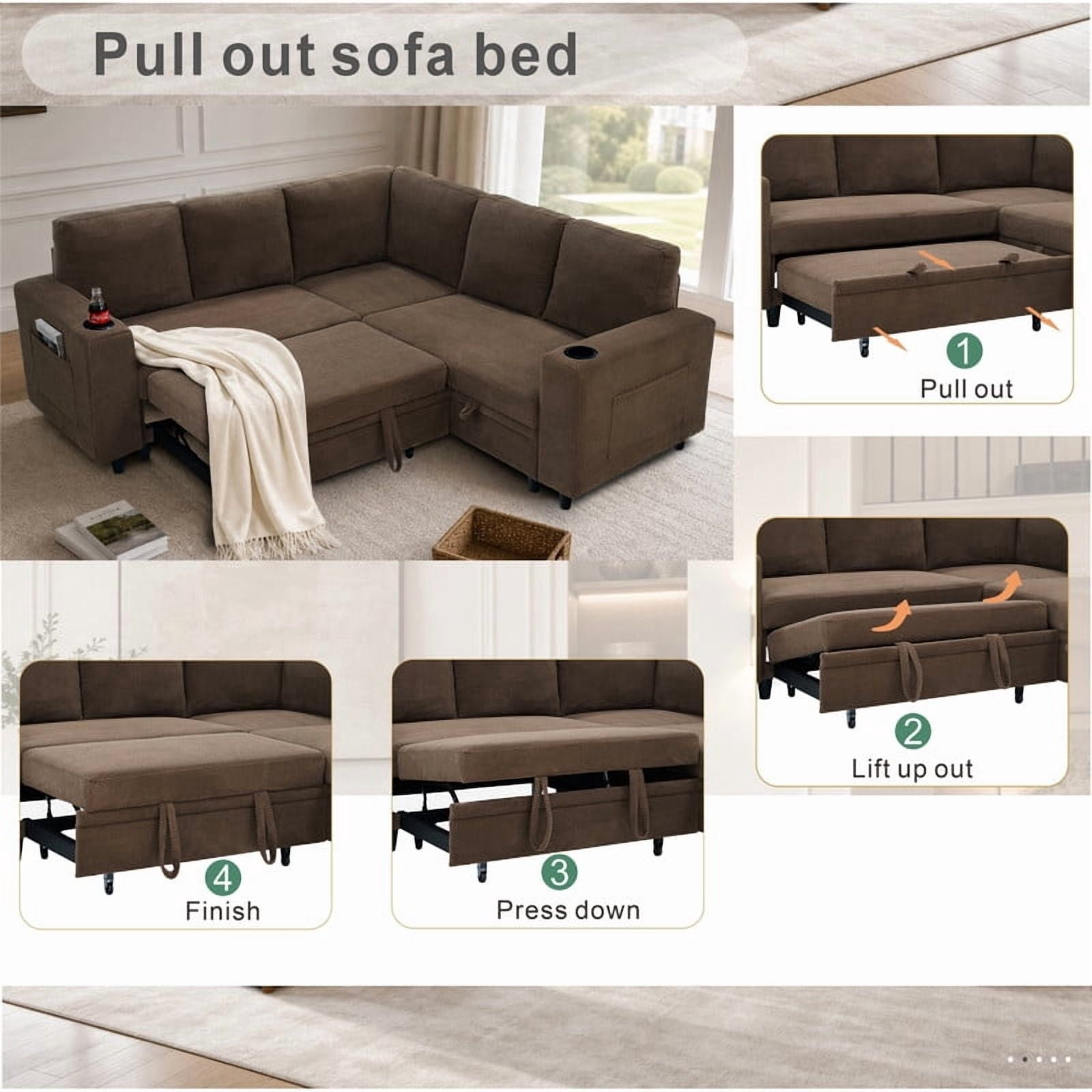 L-Shape Sectional Sofa with Pull-Out Sleeper Bed, Storage Chaise, Cup Holders & Side Pockets, Convertible Corner Sofa Couch for Living Room, Apartment & Guest Room