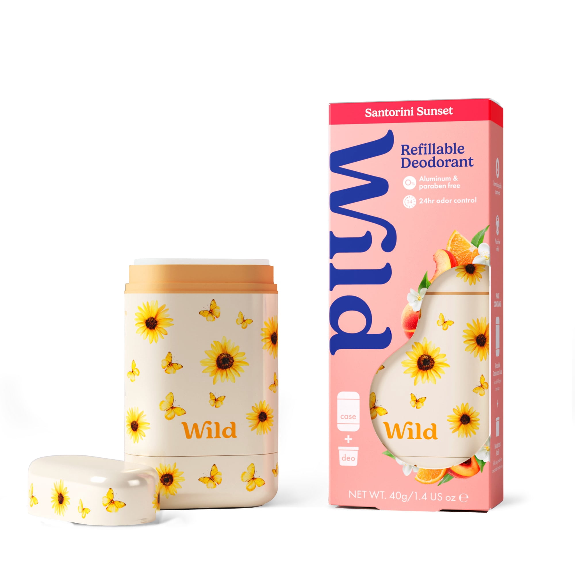 Wild Refillable Deodorant Starter Pack – Aluminum Free. Sunflower Case + Santorini Sunset Refill, for Women and Men, 1.4oz