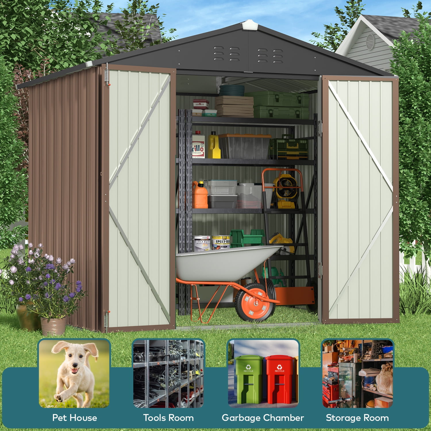 Lofka Outdoor Storage Shed 8 x 6 FT, Galvanized Metal Garden Shed with Double Lockable Doors, Outdoor Storage Clearance for Backyard Patio Lawn- Brown