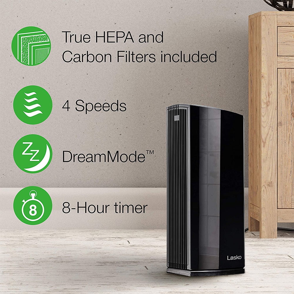 Lasko 4 Speed Tower Air Purifier with HEPA Filter and DreamMode, Black, LP450