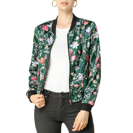 Allegra K Women's Stand Collar Zip Up Floral Prints Bomber Jacket XS Dark Green