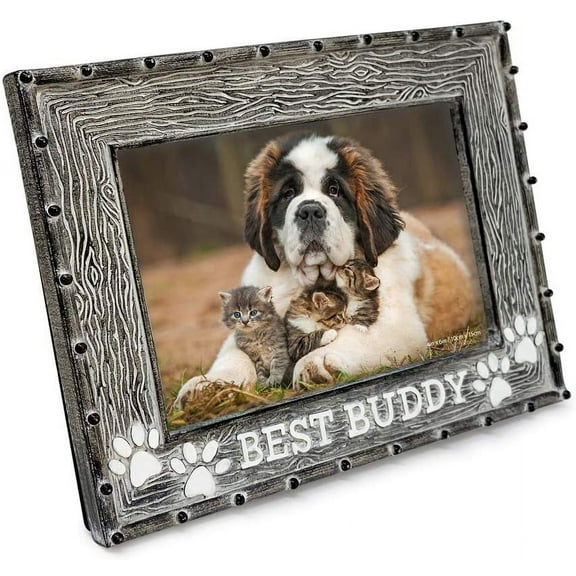 Isaac Jacobs 4x6 Resin Sentiments Dog Best Buddy Picture Frame, Display on Tabletop, Desk Gray