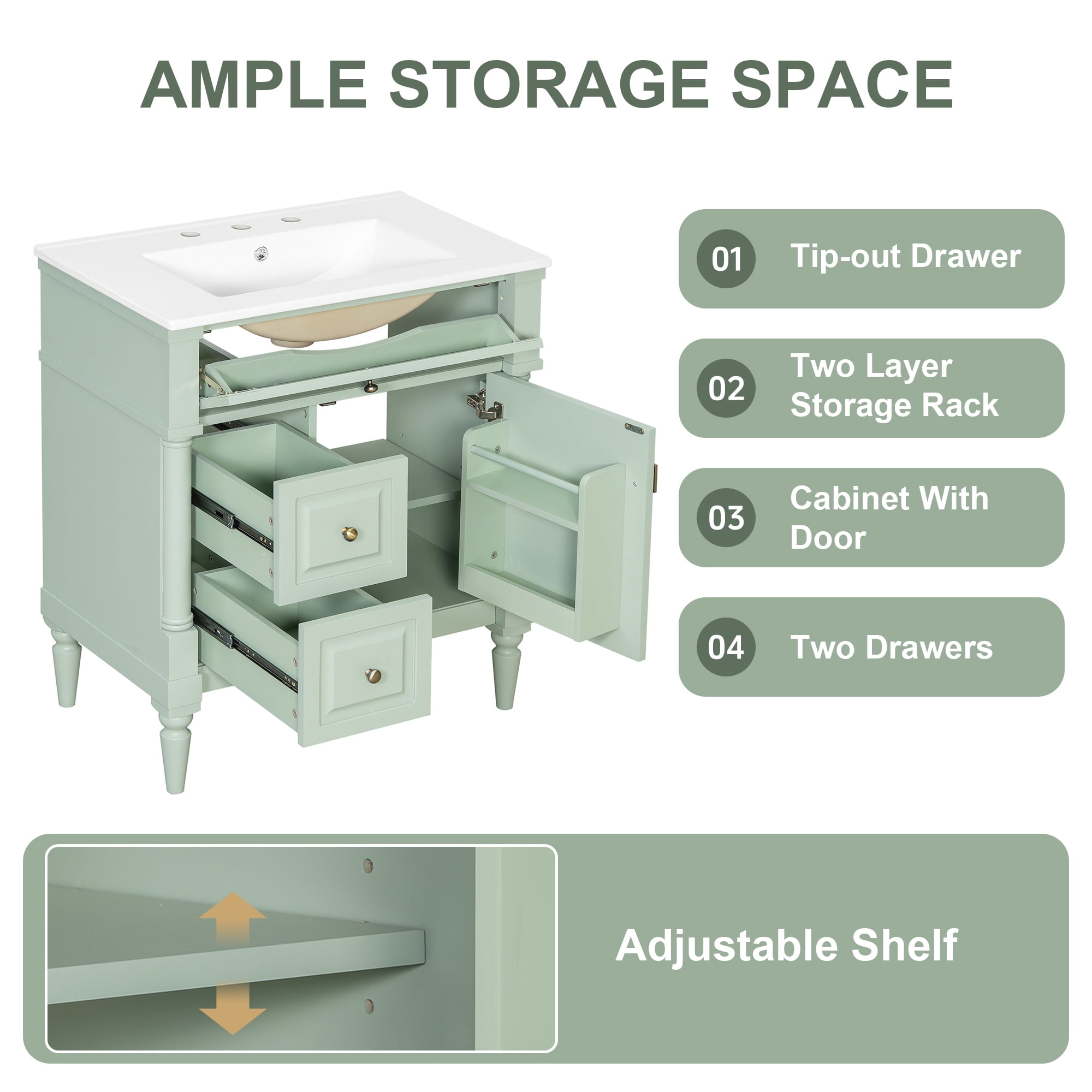 Alvantor 30" Bathroom Vanity with Ceramic Sink, Freestanding Storage Cabinet with Flip Drawers Green