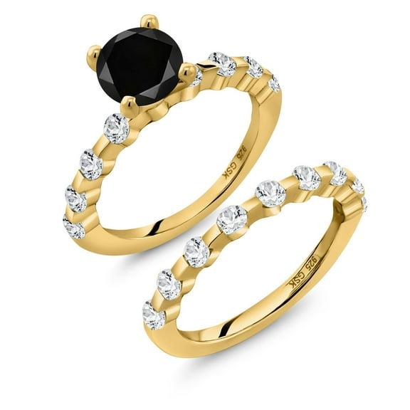 Gem Stone King 18K Yellow Gold Plated Silver Black Diamond and White Topaz Wedding Engagement Ring Band Bridal Set for Women (3.16 Cttw, Gemstone April Birthstone, Round 7MM, Size 8)