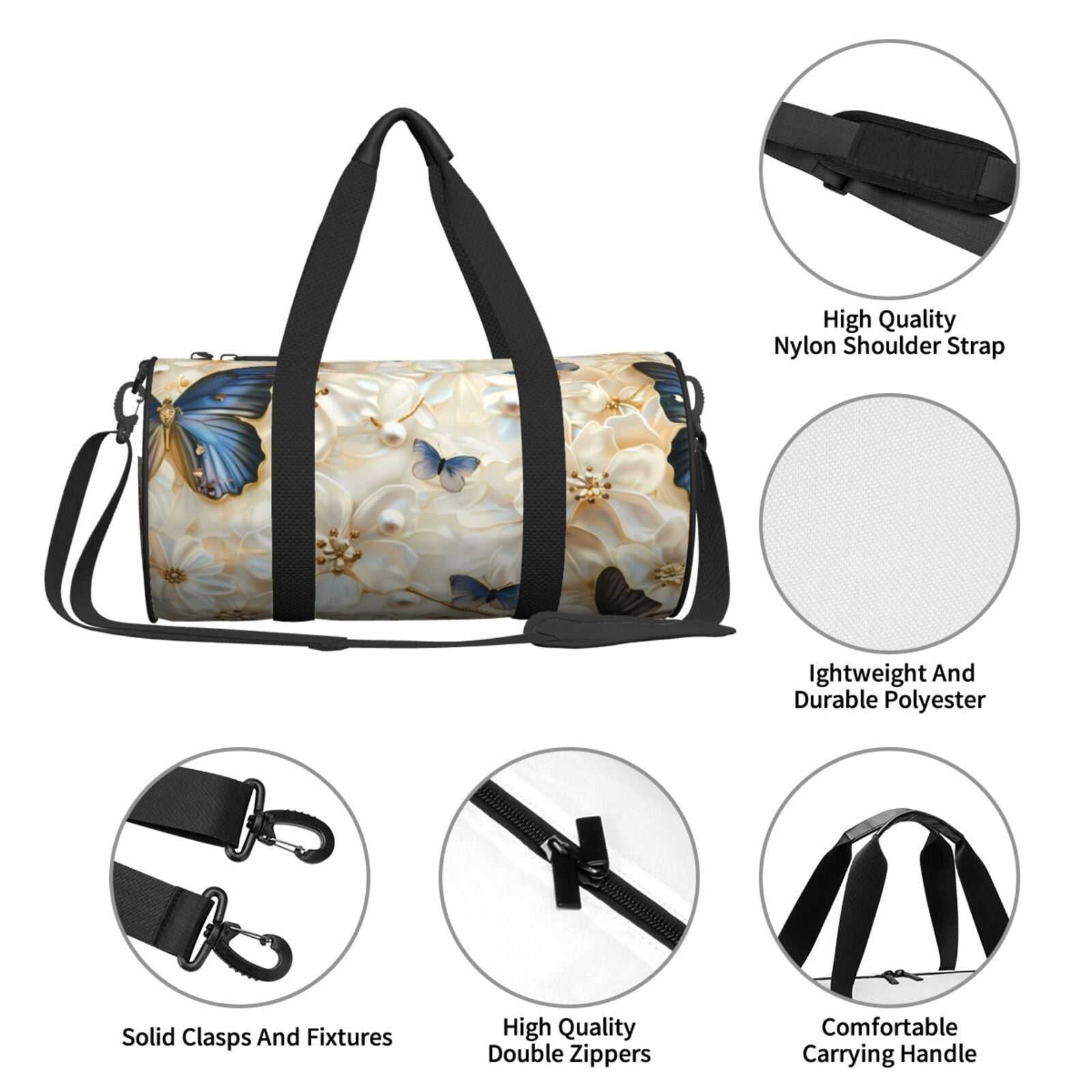 Defioc Elegant Butterflies And Pearls for Travel Duffle Bag,Weekender Bag Carry On Tote Bags Hospital Bag Large Capacity Sport Gym Bag for Men Women Fit for Trave, Gym,Weekend