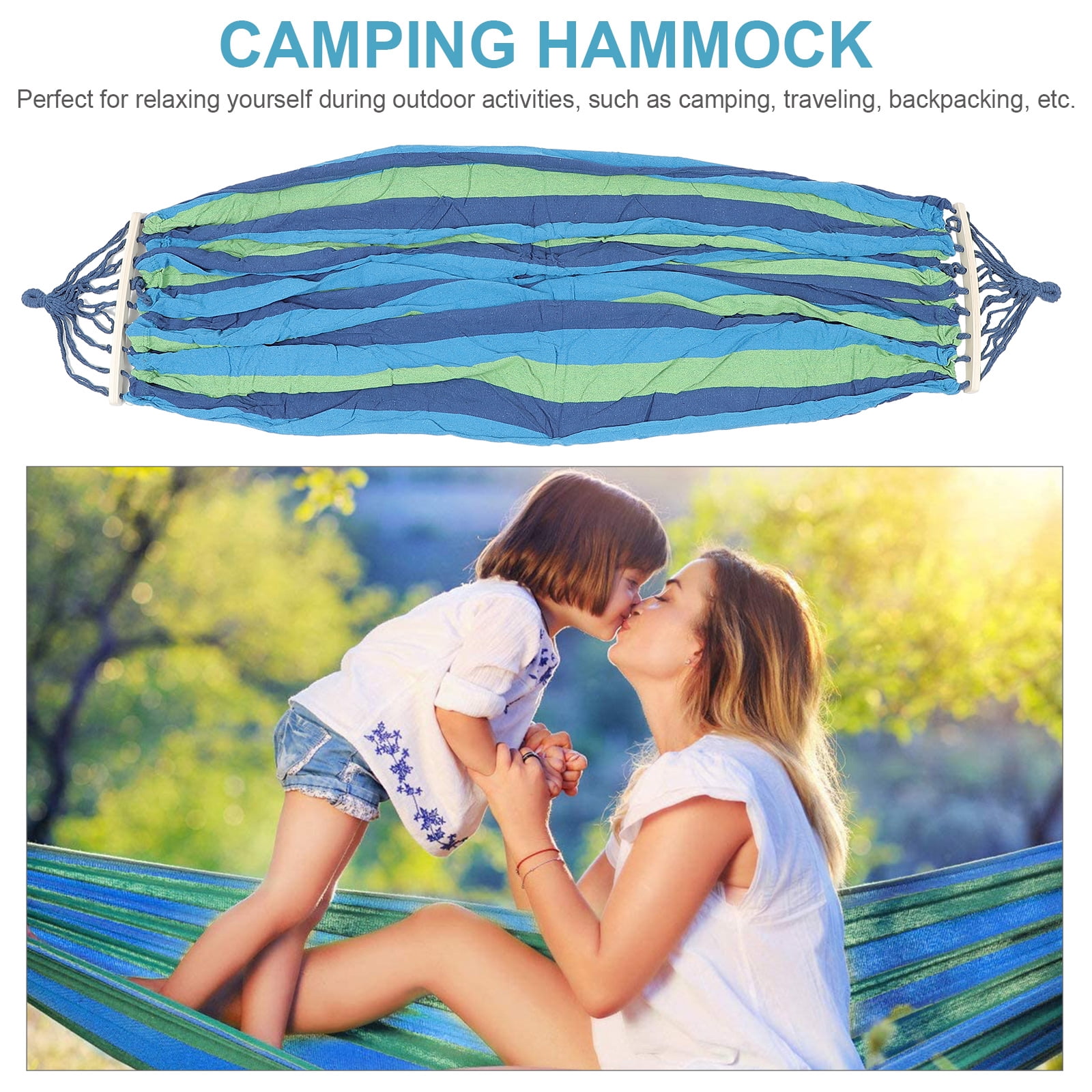 Outdoor Hammock Parachute Portable Rainbow Swing Double Person Sleeping Bed with 40cm Anti Rollover Curved Wooden Stick for Camping Travel Survival (Blue, 190x150cm)