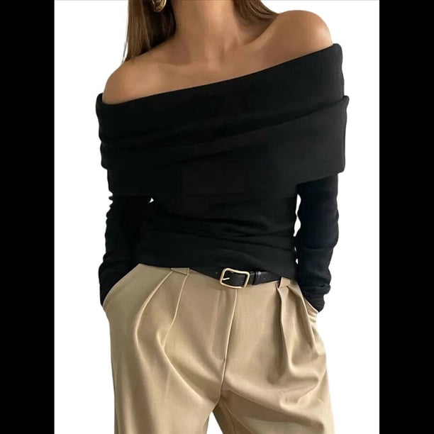 Body de Larga con Hombros Descubiertos para Mujer, Sexy, Adelgazante, Top de Transparente con Fruncido, Color Negro, Talla M