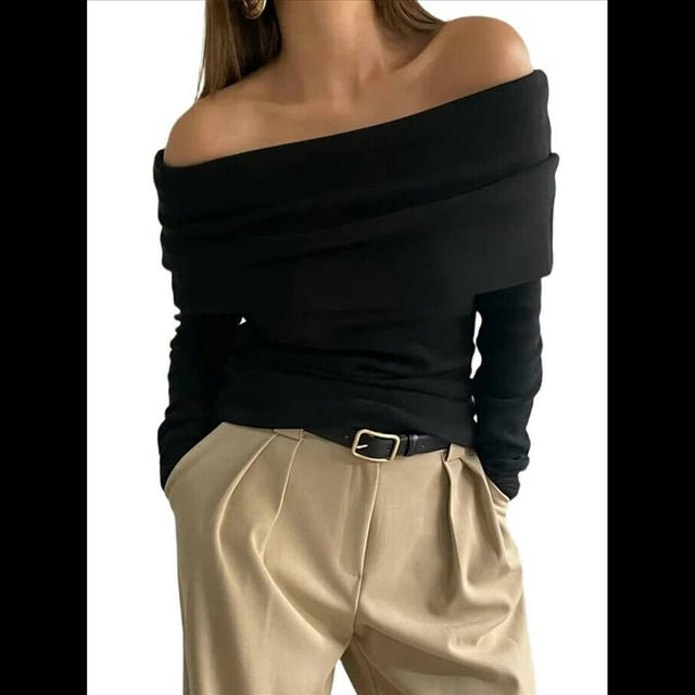 Body de Larga con Hombros Descubiertos para Mujer, Sexy, Adelgazante, Top de Transparente con Fruncido, Color Negro, Talla L